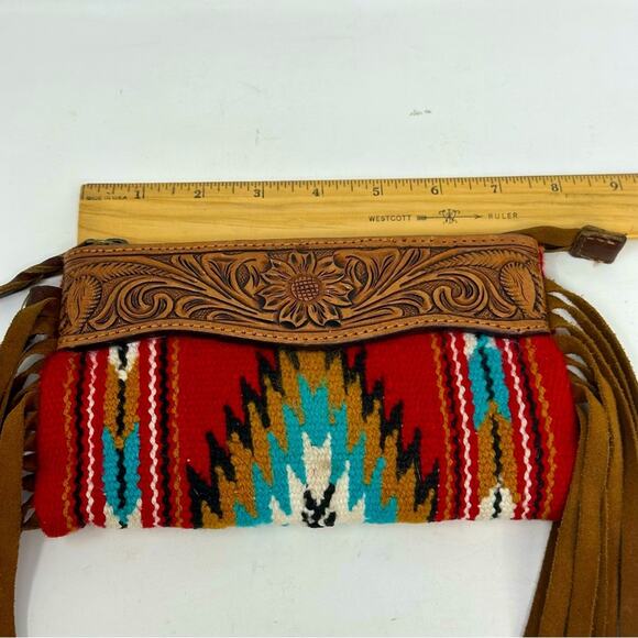 American Darling Tapestry Serape Fringed Wristlet Leather Clutch - Picture 10 of 12